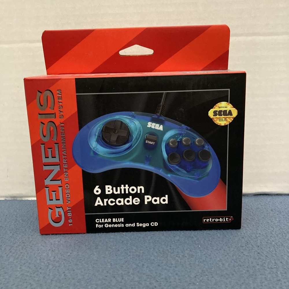 NIB Retro-Bit Official Sega Genesis Controller 6-Button Arcade Pad - Clear Blue